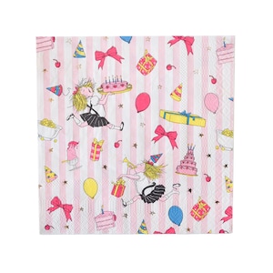 May include: Pink and white striped paper napkins with a whimsical birthday party design. The napkins feature illustrations of girls, cakes, presents, balloons, and party hats. The design includes red bows, yellow and blue accents, and stars.
