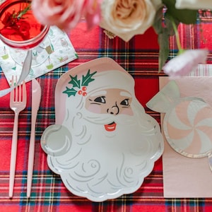 Op de afbeelding: Een papieren bord in de vorm van een kerstman met een witte baard en roze wangen, versierd met hulst. Het bord staat op een rood geruite tafelkleed, samen met roze bestek en een snoepvormig servet. Een glas rode vloeistof en bloemen staan op de achtergrond.