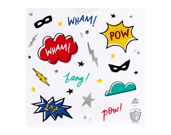 May include: A sheet of colorful stickers with comic book sound effects like "WHAM!" and "POW!"  The stickers are on a white background and include stars, lightning bolts, and a superhero mask.