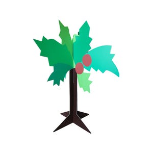 Pode incluir: Uma palmeira de papel com tronco castanho, folhas verdes e dois cocos cor-de-rosa. A árvore tem uma base em forma de estrela e está sobre um fundo branco. As folhas são de várias tonalidades de verde.