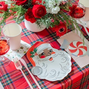 Op de afbeelding: Een feestelijke kersttafelsetting met een rood geruite tafelkleed. Een papieren bord in de vorm van een kerstman, een snoepvormig servet en een roze beker zijn zichtbaar. Een bloemstuk van rode bloemen en groen in een witte vaas.