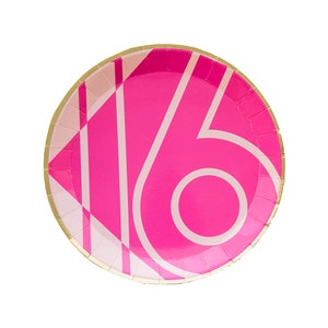 May include: Pink paper party plate with a gold rim and the number 16 printed in white on it.