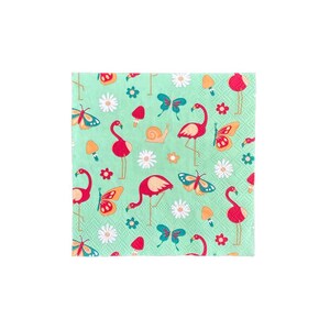 May include: Green paper napkins with a repeating pattern of pink flamingos, butterflies, mushrooms, and snails.