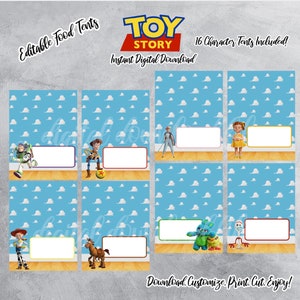 Typebare TOY STORY 4 voedseltenten, typografie, digitale download, bewerkbare Toy Story-voedseletiketten, bewerkbare voedseltent, Toy Story 4 Party, DIY