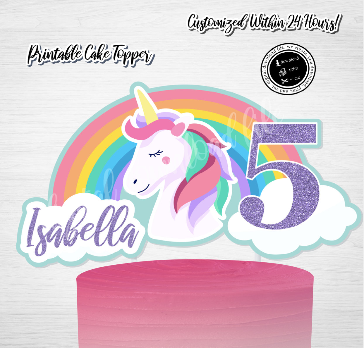 Unicorn Monogram| Birthday cake topper|Customizable template