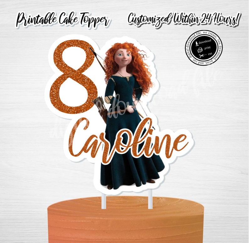 May include: Printable cake topper featuring a cartoon image of Merida from the movie Brave. The topper includes the number 8 and the name Caroline in a glittery orange font.