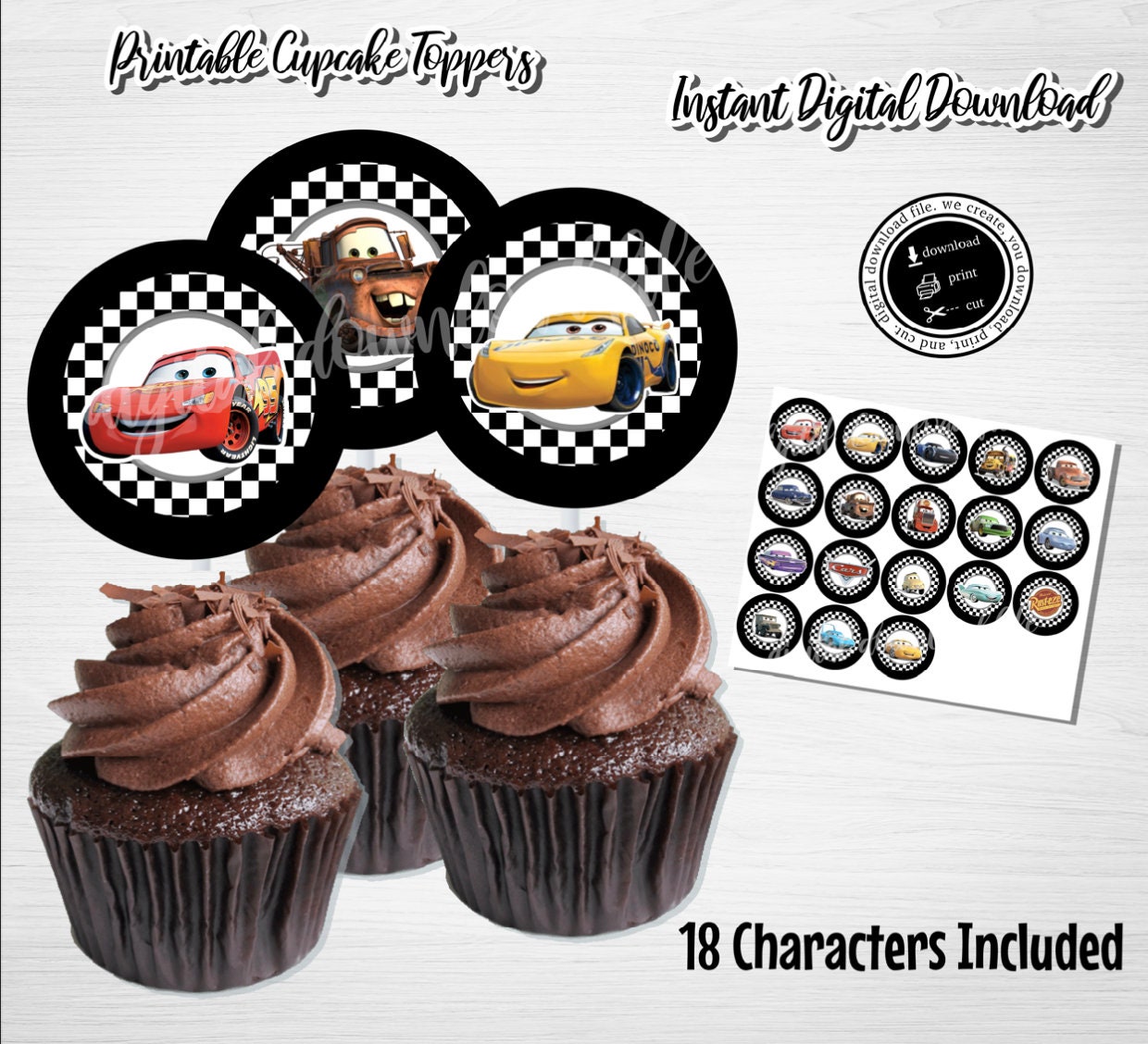 Cars Movie Cupcake Toppers: Lightning McQueen Birthday Party (PDF Digital Download)