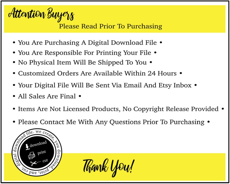 Puede incluir: Un cartel amarillo y blanco con texto negro que dice "Atenci&oacute;n Compradores Lea Antes de Comprar" y enumera varios puntos sobre la compra de un archivo de descarga digital. El cartel tambi&eacute;n incluye un peque&ntilde;o gr&aacute;fico de un icono de descarga, un icono de impresora y unas tijeras.
