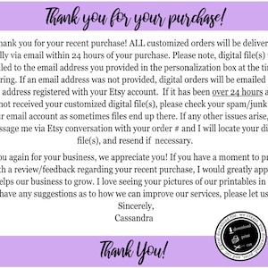 May include: A purple and white thank you card with text that reads "Thank you for your purchase!" and "Thank You!" The card includes instructions for receiving digital files and a request for feedback.