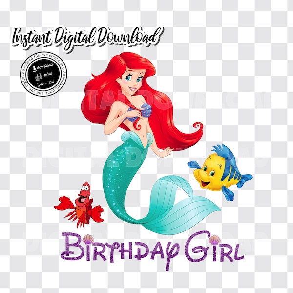 Instant Download Mermaid Iron On Image, Printable ARIEL, Ariel Birthday Girl Shirt, Little Mermaid Instant Download, Digital File Only