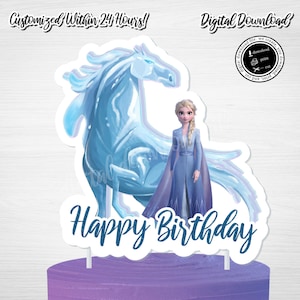 May include: A printable cake topper featuring Elsa from Frozen standing next to her ice horse. The topper is white with blue and purple accents and says "Happy Birthday".