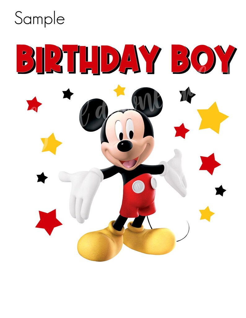 May include: A red and black cartoon character with large ears and a big smile. The character is surrounded by yellow and red stars. The text "BIRTHDAY BOY" is at the top of the image.