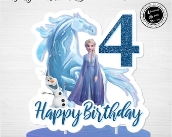 May include: A blue and white cake topper featuring Elsa from Frozen, her horse, and Olaf. The topper also includes the number 4 and the text "Happy Birthday".