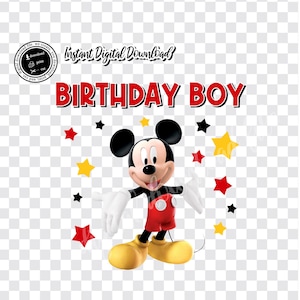 May include: A digital download graphic featuring Mickey Mouse in a red and black outfit, standing with his arms outstretched. The background is white with black and yellow stars. The text "Instant Digital Download" and "BIRTHDAY BOY" is at the top of the image.
