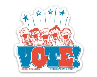 May include: A red and blue sticker with the word "VOTE!" in large letters.  The sticker features a group of cartoon children with their mouths open, as if shouting.  The text "©2024 PEANUTS" and "THREE POTATO FOUR" are at the bottom of the sticker.