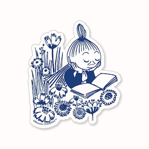 May include: A die-cut sticker featuring a blue and white illustration of a character from Moomin reading a book while surrounded by flowers. The sticker has a white border and the words "Moomin Characters" are printed on the bottom left.