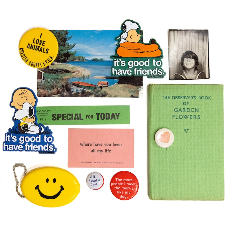 K&ouml;nnte beinhalten: Eine Sammlung von Vintage-Ansteckern und Kn&ouml;pfen mit Peanuts-Charakteren, einem Smiley und einem Herzen. Au&szlig;erdem gibt es Postkarten, ein Buch mit dem Titel "The Observer's Book of Garden Flowers" und ein kleines Schild mit der Aufschrift "Special for Today".