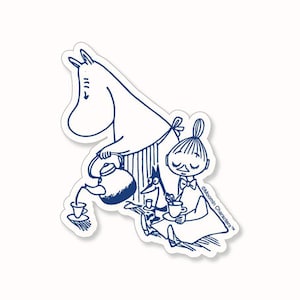 May include: A blue and white sticker featuring a Moomin character pouring tea for other characters. The sticker has a white border and includes the text "©Moomin Characters™". The illustration is a whimsical design.