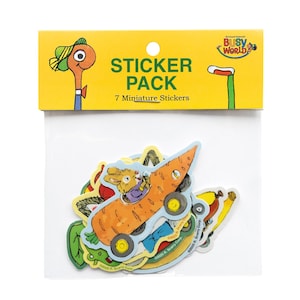 May include: A sticker pack featuring seven miniature stickers. The packaging is yellow with the words "Sticker Pack" and "7 Miniature Stickers" in green. The stickers include cartoon images of a carrot car, a banana, and other whimsical designs.