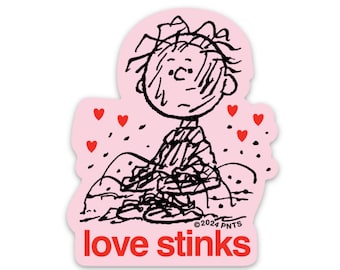 May include: A pink sticker with a black and white illustration of a cartoon character with the text "love stinks" in red.