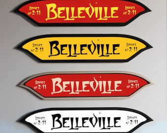 Pariser U-Bahn-Schild, Bahnhof Belleville, Vintage-Dekoration, Wandkunst, Metro-Kunst, Pariser Kunst, Wanddekoration aus Holz, Paris-Zeichen