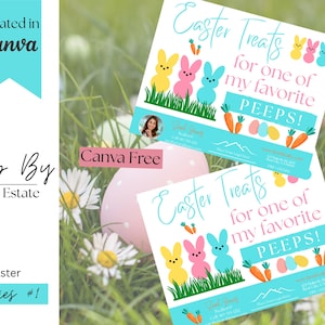 May include: Two Easter-themed cards with the text "Easter Treats for one of my favorite PEEPS!" feature cartoon bunnies, carrots, and eggs. The cards are set against a backdrop of grass, daisies, and a large pink Easter egg. The words "Created in Canva" and "Canva Free" are also visible.