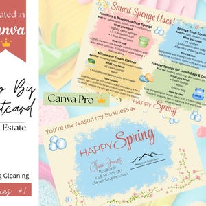 May include: A spring cleaning postcard designed in Canva, featuring cleaning tips for sponges. The postcard includes instructions for furniture, microwave, and bathroom cleaning, along with a realtor's contact information. The design is light and airy with floral accents.