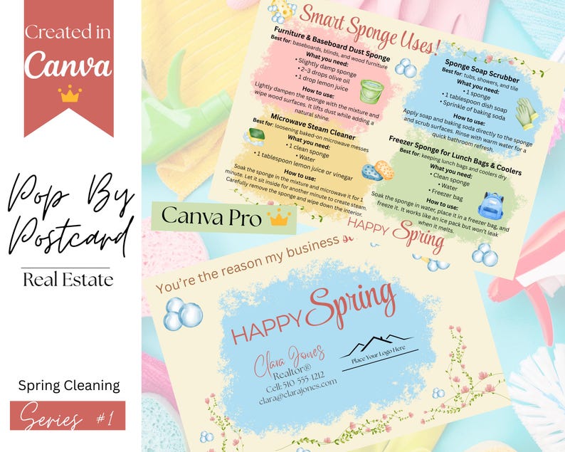 May include: A spring cleaning postcard designed in Canva, featuring cleaning tips for sponges. The postcard includes instructions for furniture, microwave, and bathroom cleaning, along with a realtor's contact information. The design is light and airy with floral accents.
