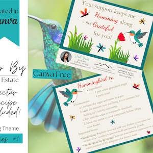 Puede incluir: Un diseño de marketing inmobiliario creado en Canva, de color verde azulado y blanco, con un gráfico de colibrí. El diseño incluye el texto "Pop By Real Estate, ¡Receta de néctar incluida! Serie temática de primavera #1".