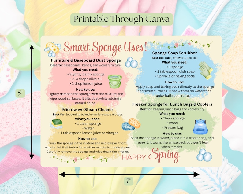 May include: A colorful infographic titled "Smart Sponge Uses!" with instructions for cleaning. The image is 7 inches wide and 5 inches tall. It includes tips for baseboards, microwaves, tubs, and lunch bags. The text says "Printable Through Canva" and "HAPPY Spring".