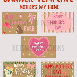 Op de afbeelding: Een banner template met een Moederdag thema. Het ontwerp bevat verschillende banners met teksten als "Beste Mama ooit" en "Gelukkige Moederdag". De banners tonen roze harten, strikken en bloemelementen, alles tegen een bruine achtergrond.
