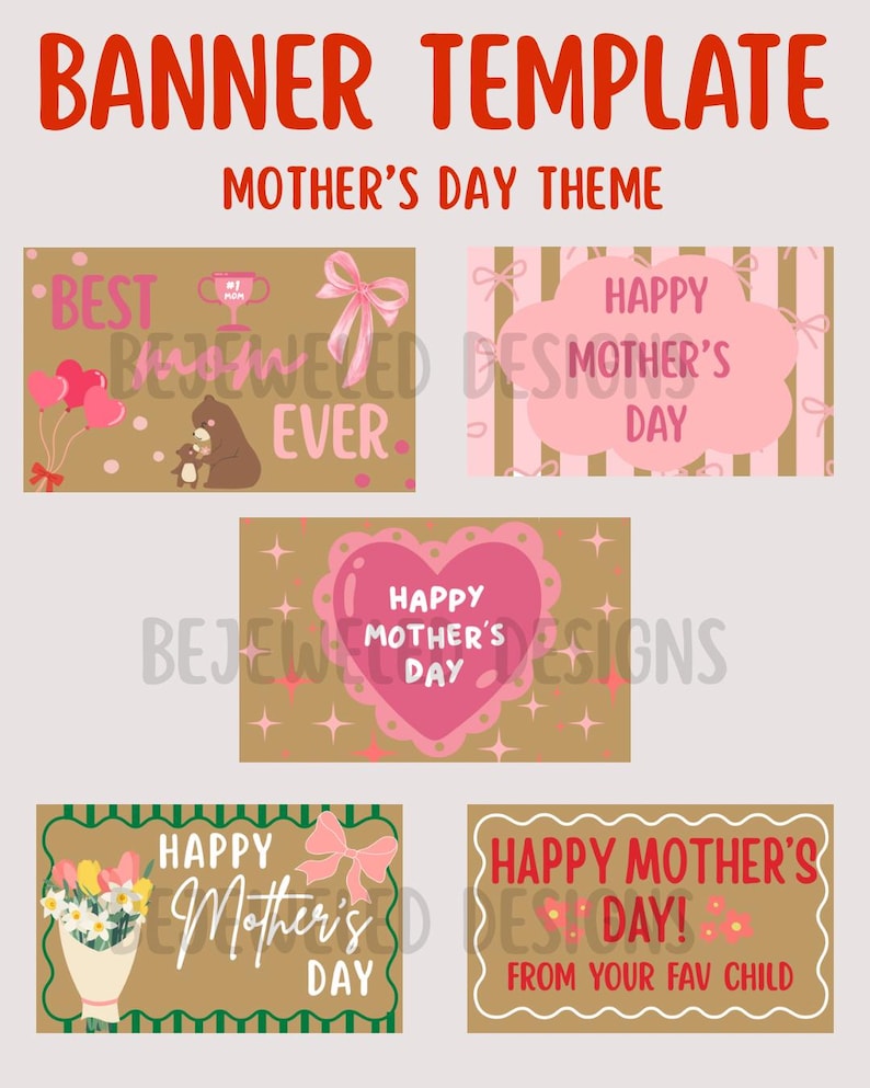 Op de afbeelding: Een banner template met een Moederdag thema. Het ontwerp bevat verschillende banners met teksten als "Beste Mama ooit" en "Gelukkige Moederdag". De banners tonen roze harten, strikken en bloemelementen, alles tegen een bruine achtergrond.