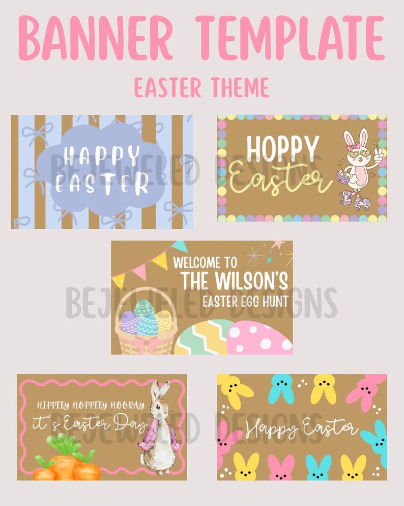 May include: A banner template with an Easter theme. The design includes several rectangular banners with text and illustrations. The banners feature phrases like "Happy Easter" and "Easter Egg Hunt," along with images of bunnies and Easter eggs.