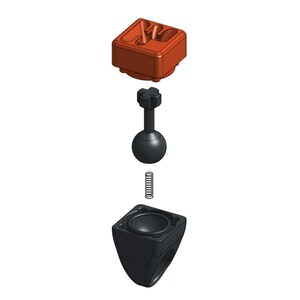 May include: A disassembled camera mount with a black ball head, a spring, and a black and orange base. The base has a screw hole and a small, raised, rectangular area with a raised letter "M".