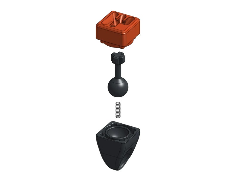 May include: A disassembled camera mount with a black ball head, a spring, and a black and orange base. The base has a screw hole and a small, raised, rectangular area with a raised letter "M".