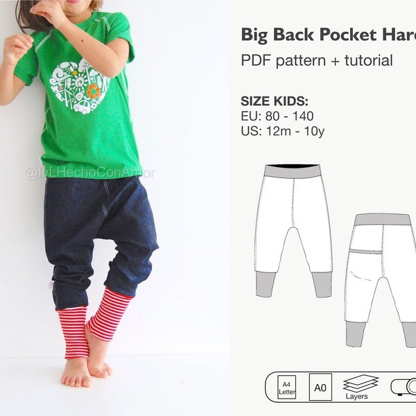 Children harem pants pdf sewing pattern, boy deep crotch pants, trouser with big pocket, bloomer relaxed fit pants, instant download pattern