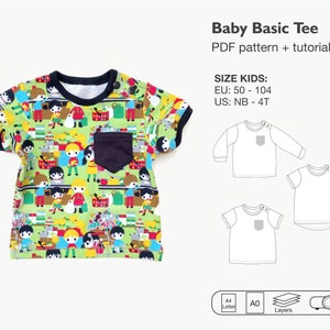 Könnte beinhalten: Ein PDF-Schnittmuster und eine Anleitung für ein Baby-Basic-Shirt mit Tasche. Das Schnittmuster umfasst die Größen EU 50-104 und US NB-4T. Das Bild zeigt ein Beispiel-Shirt mit einem bunten Druck von Personen und Objekten.