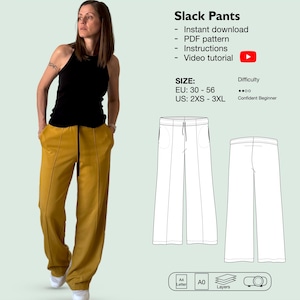 Könnte beinhalten: Ein digitales Schnittmuster für weite Hosen. Das Schnittmuster enthält Anleitungen für die Größen EU 30-56 und US 2XS-3XL. Das Schnittmuster steht zum sofortigen Download als PDF-Datei zur Verfügung. Ein Video-Tutorial ist ebenfalls enthalten.