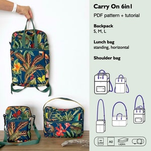 6 in 1 backpack pdf sewing pattern, lunch bag, shoulder bag, square bag, rectangle backpack, kanken inspired backpack, instant download