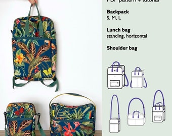 6 in 1 backpack pdf sewing pattern, lunch bag, shoulder bag, square bag, rectangle backpack, kanken inspired backpack, instant download