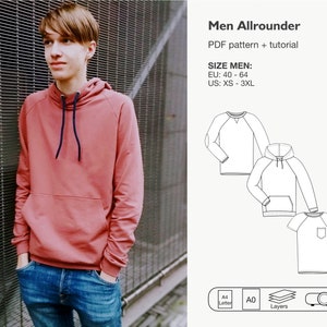Könnte beinhalten: Ein PDF-Schnittmuster für einen Herren-Hoodie, ein Sweatshirt und ein T-Shirt. Das Schnittmuster umfasst die Größen EU 40-64 und US XS-3XL. Das Schnittmuster ist in den Größen A0 und A4 erhältlich.