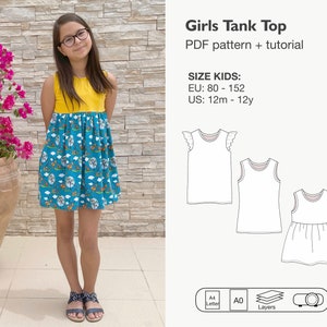 Girls tank top sewing pattern, ruffle sleeve shirt, girls tank top dress, fitted shirt, high waist tunic, flounce shirt, racer top pattern