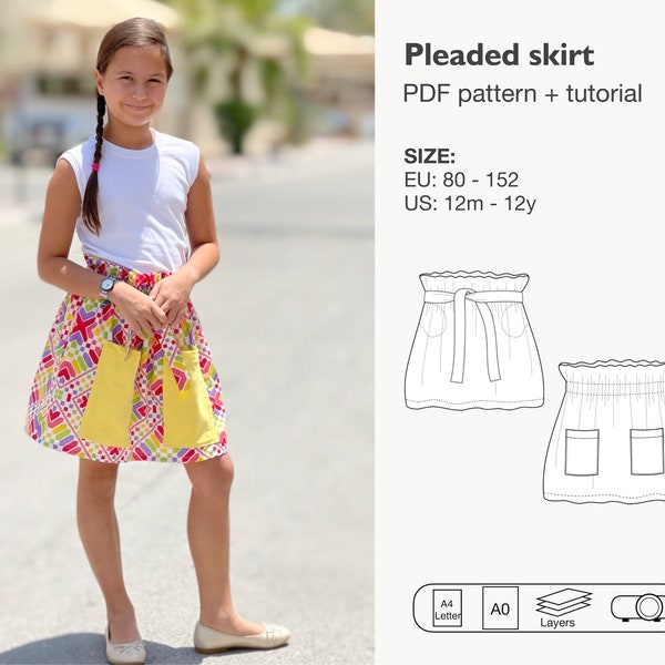 Paper bag skirt sewing pattern, girls skirt, pleated skirt, skirt with front pockets, skirt with inseam pockets, baby paper bag skirt pocket