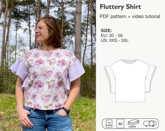 Women flutter sleeve shirt sewing pattern, flutter sleeves top, flutter sleeves blouse, ruffle shirt, women t shirt easy sewing pattern