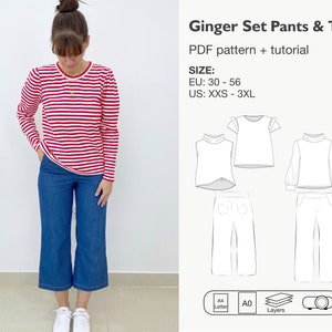 Women shirt and pants sewing pattern set, shirt with bishop sleeves, wide legged pants, culotte pants, short and long sleeve top, high waist