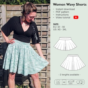 Women skort sewing pattern, mini culotte, divided skirt, trouser skirt, pantskirt, skirt like shorts, circle shorts, wide legged shorts