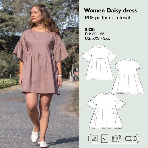 Women high waist dress sewing pattern, oversized dolman dress, ruffle dress with pockets, ruffle sleeves, baby doll dress, oversized dress