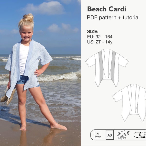 Patron de couture de kimono de plage, patron pdf de cardigan, patron de couverture de plage, kimono bohème pour filles, veste d'été légère, kimono de plage pour enfants