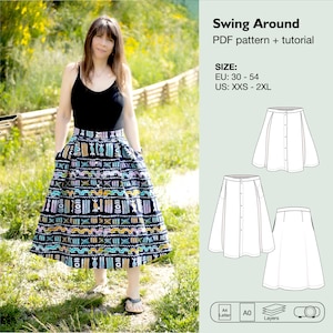 Könnte beinhalten: Ein PDF-Schnittmuster für einen Swingrock mit Taschen. Das Schnittmuster umfasst die Größen EU 30-54 und US XXS-2XL. Das Schnittmuster ist in den Größen A4 und A0 erhältlich.