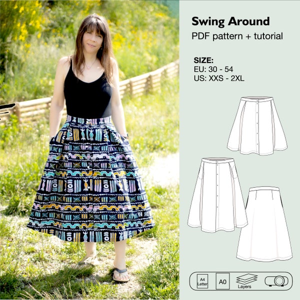 Women pleated skirt sewing pattern, front button skirt, skirt with pockets, high waist long skirt, midi maxi skirt, knee length flare skirt